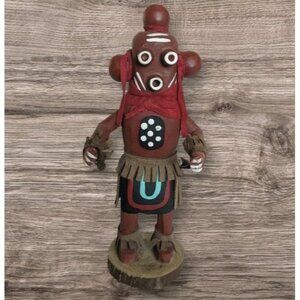 Native American Mudhead Kachina Doll Signed C.T. Handcrafted Wooden Stand 7" Vtg